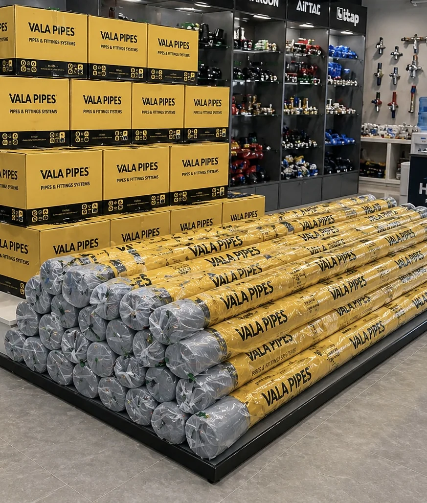 Boîtes jaunes VALA PIPES et rouleaux de tuyaux emballés dans un showroom — présentation distributeur